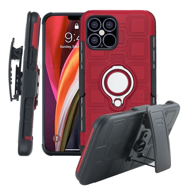 Geometric Pattern TPU PC Hybrid Shell with Magnetic Car Mount Ring Holder and Belt Clip for iPhone 12 Pro Max 6.7 inch - Red-1