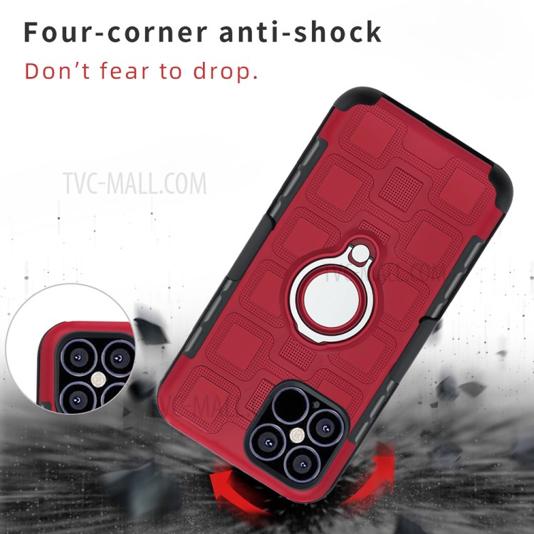 Geometric Pattern TPU PC Hybrid Shell with Magnetic Car Mount Ring Holder and Belt Clip for iPhone 12 Pro Max 6.7 inch - Red-2