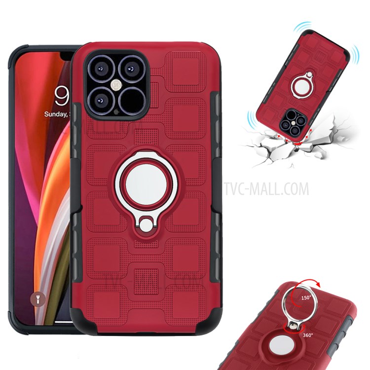 Geometric Pattern TPU PC Hybrid Shell with Magnetic Car Mount Ring Holder and Belt Clip for iPhone 12 Pro Max 6.7 inch - Red-3