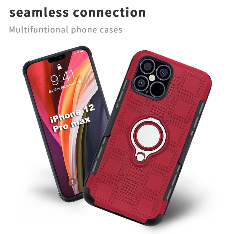 Geometric Pattern TPU PC Hybrid Shell with Magnetic Car Mount Ring Holder and Belt Clip for iPhone 12 Pro Max 6.7 inch - Red-4