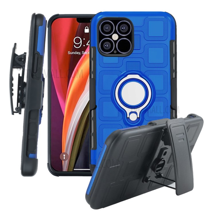 Geometric Pattern TPU PC Hybrid Shell with Magnetic Car Mount Ring Holder and Belt Clip for iPhone 12 Pro Max 6.7 inch - Baby Blue-1
