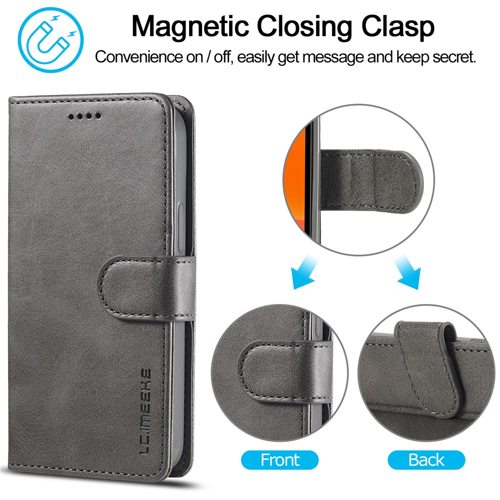 LC.IMEEKE Wallet Stand Leather Shell Mobile Phone Case for iPhone 12 Pro Max 6.7 inch - Grey-12