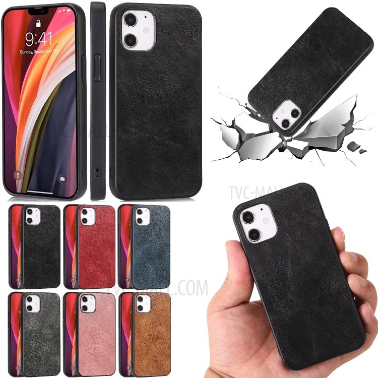 Phone Case Crazy Horse Texture PU Leather Coated TPU Shell for iPhone 12 Max/Pro 6.1 inch - Black-12