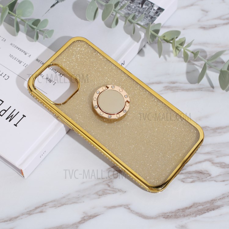 Glittery Powder Plating Rhinestone Decor TPU Phone Cover with Metal Kickstand for iPhone 12 mini - Gold-1