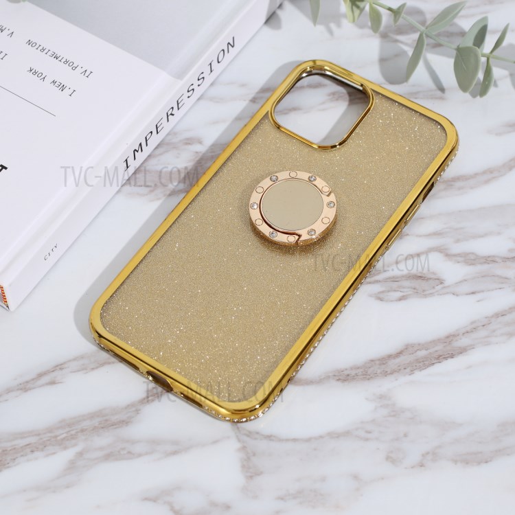 Glittery Powder Plating Rhinestone Decor TPU Phone Cover with Metal Kickstand for iPhone 12 mini - Gold-3