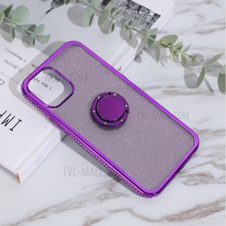 Glittery Powder Plating Rhinestone Decor TPU Phone Cover with Metal Kickstand for iPhone 12 mini - Purple-1