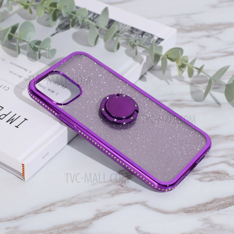Glittery Powder Plating Rhinestone Decor TPU Phone Cover with Metal Kickstand for iPhone 12 mini - Purple-2