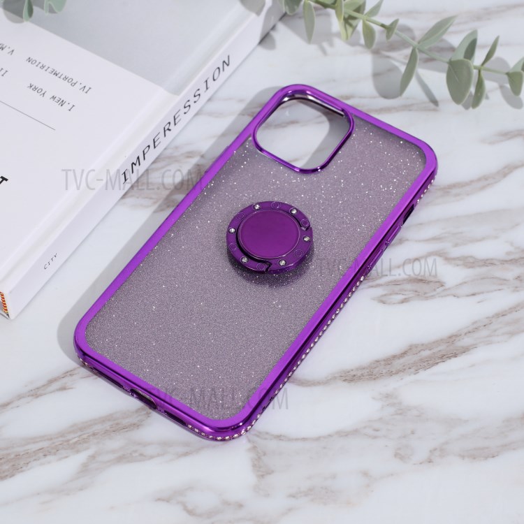 Glittery Powder Plating Rhinestone Decor TPU Phone Cover with Metal Kickstand for iPhone 12 mini - Purple-3