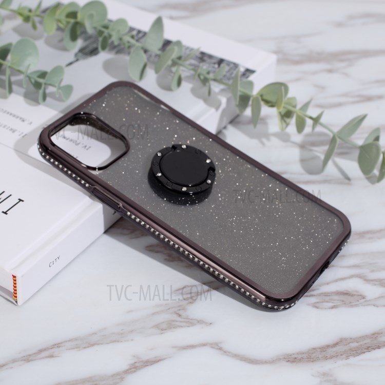 Glittery Powder Plating Rhinestone Decor TPU Casing with Metal Kickstand for iPhone 12 Pro Max 6.7 inch - Black-2