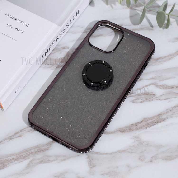 Glittery Powder Plating Rhinestone Decor TPU Casing with Metal Kickstand for iPhone 12 Pro Max 6.7 inch - Black-3