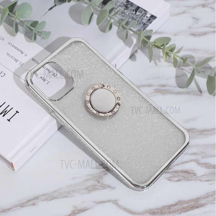 Glittery Powder Plating Rhinestone Decor TPU Casing with Metal Kickstand for iPhone 12 Pro Max 6.7 inch - Silver-1