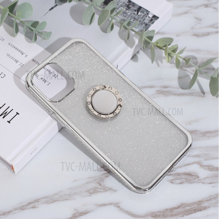 Блестящее Порошковое Покрытие Rhinestone Decor TPU Courcing С Металлическим Китайским Языком Для IPhone 12 Pro Max 6,7 Дюйма - Серебро