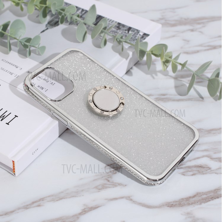 Glittery Powder Plating Rhinestone Decor TPU Casing with Metal Kickstand for iPhone 12 Pro Max 6.7 inch - Silver-2