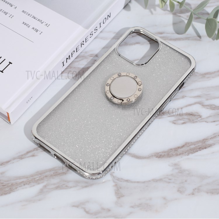 Glittery Powder Plating Rhinestone Decor TPU Casing with Metal Kickstand for iPhone 12 Pro Max 6.7 inch - Silver-3