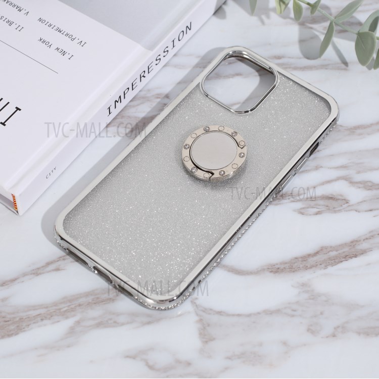 Блестящее Порошковое Покрытие Rhinestone Decor TPU Courcing С Металлическим Китайским Языком Для IPhone 12 Pro Max 6,7 Дюйма - Серебро