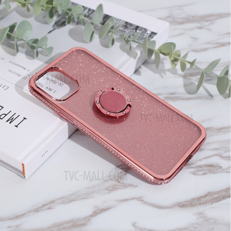 Glittery Powder Plating Rhinestone Decor TPU Casing with Metal Kickstand for iPhone 12 Pro Max 6.7 inch - Silver-7