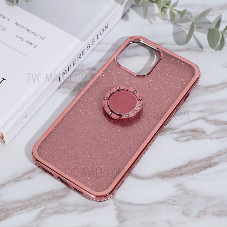 Glittery Powder Plating Rhinestone Decor TPU Casing with Metal Kickstand for iPhone 12 Pro Max 6.7 inch - Rose Gold-3