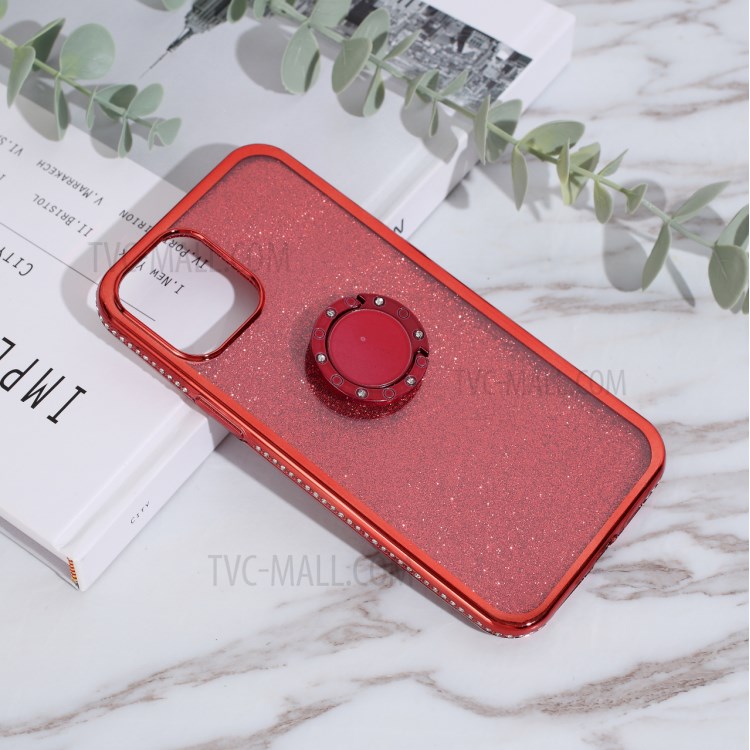Glittery Powder Plating Rhinestone Decor TPU Casing with Metal Kickstand for iPhone 12 Pro Max 6.7 inch - Red-1