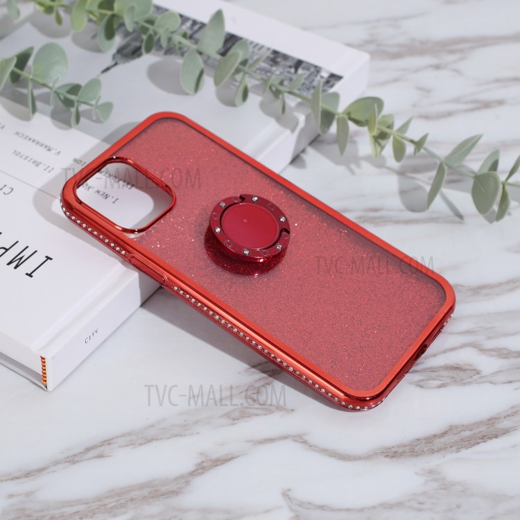 Glittery Powder Plating Rhinestone Decor TPU Casing with Metal Kickstand for iPhone 12 Pro Max 6.7 inch - Red-2