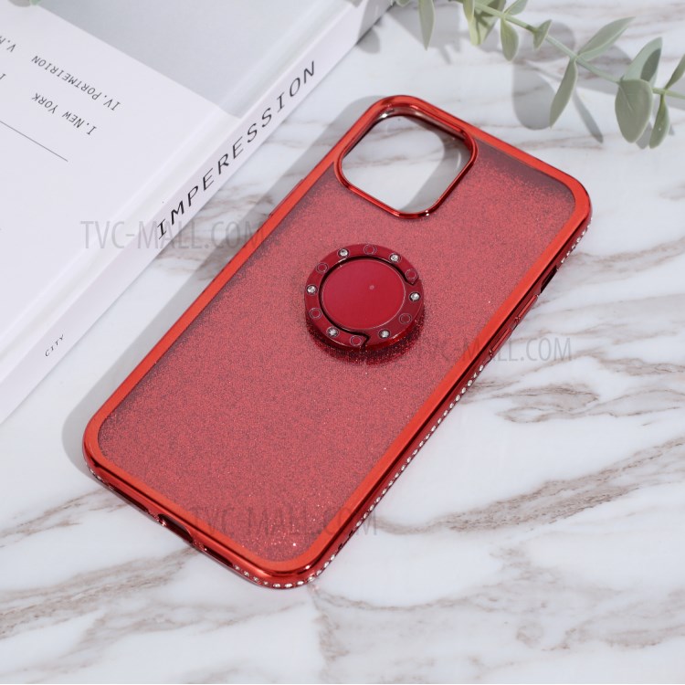 Glittery Powder Plating Rhinestone Decor TPU Casing with Metal Kickstand for iPhone 12 Pro Max 6.7 inch - Red-3