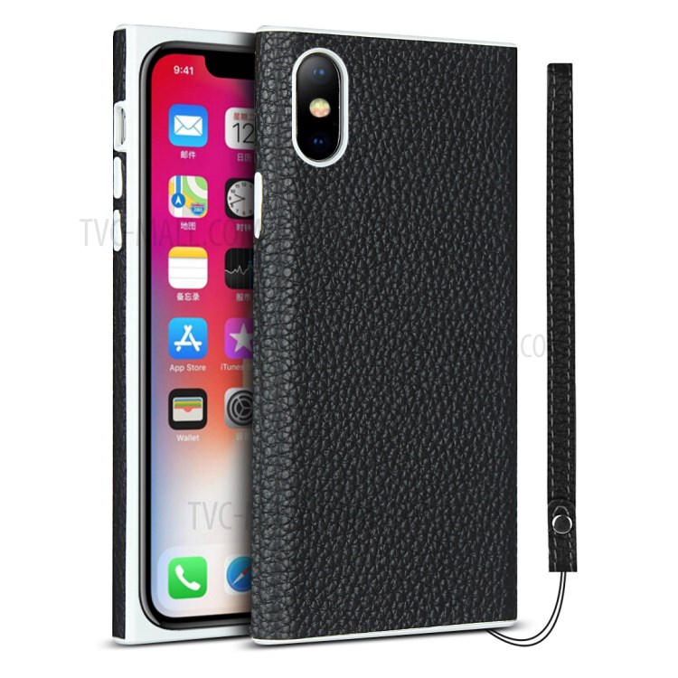 Litchi Skin Genuine Leather Coated TPU Phone Casing for iPhone X/XS 5.8 inch - Black-1