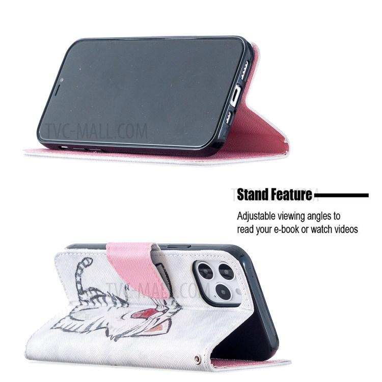 Pattern Printing Leather Wallet Shell for iPhone 12 Max/Pro 6.1 inch - Happy Cat-4