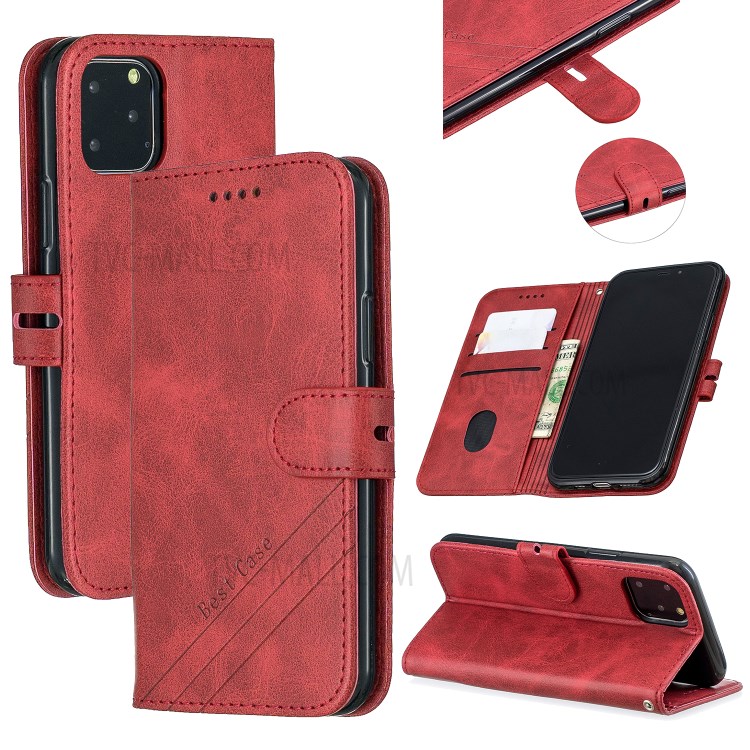 Leather Wallet Mobile Phone Case Cover with Strap for iPhone 12 mini - Red-1