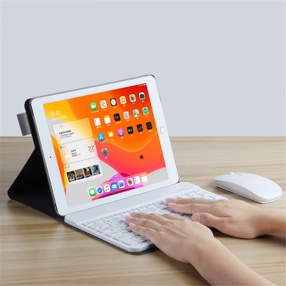 Caixa de Casca de Couro do Teclado Bluetooth Para Ipad 9,7 Polegadas (2018) - Cinza / Branco-12