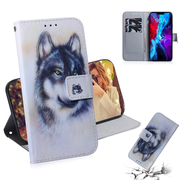 Modèle Impression PU en Cuir Puseur Stand Pour Iphone 12 Pro / 12 - Loup