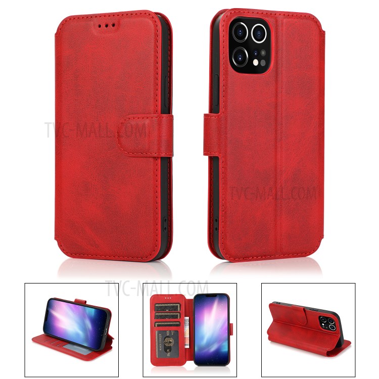 Retro Style Leather Wallet Stand Phone Case Cover for iPhone 12 Pro Max 6.7-inch - Red-1