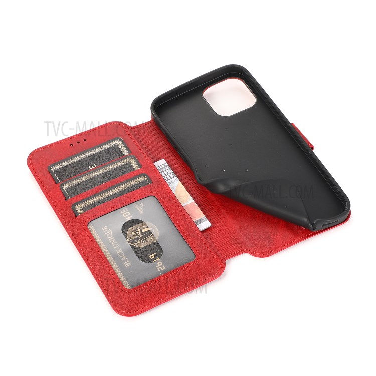 Retro Style Leather Wallet Stand Phone Case Cover for iPhone 12 Pro Max 6.7-inch - Red-7