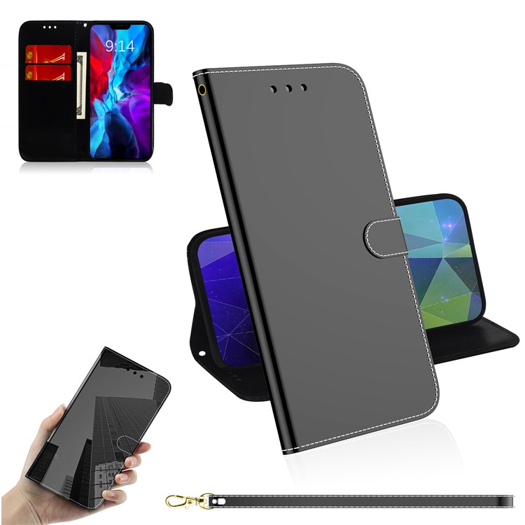 Mirror-like Skin Leather Cover with Strap for iPhone 12 Max/12 Pro 6.1 inch - Black-1
