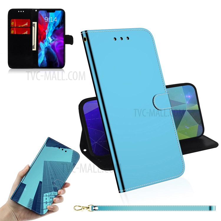Mirror-like Skin Leather Cover with Strap for iPhone 12 Pro/12 - Blue-1