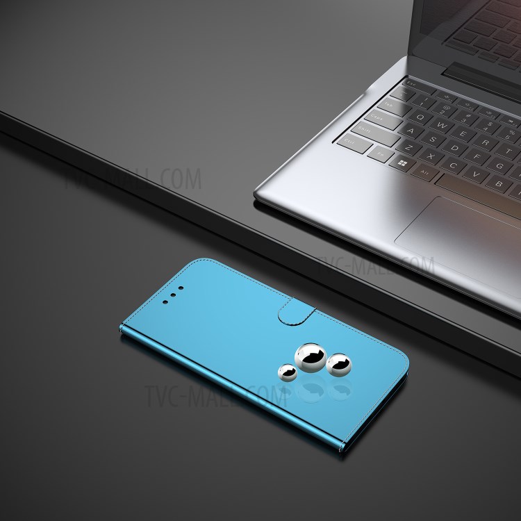 Mirror-like Skin Leather Cover with Strap for iPhone 12 Pro/12 - Blue-10