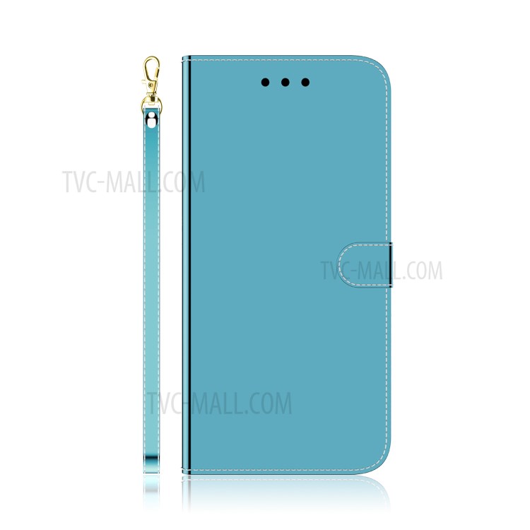 Mirror-like Skin Leather Cover with Strap for iPhone 12 Pro/12 - Blue-2