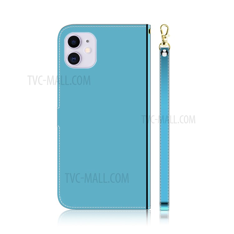 Mirror-like Skin Leather Cover with Strap for iPhone 12 Pro/12 - Blue-3