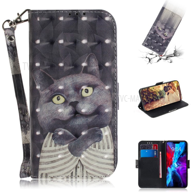 Light Spot Decor Stylish Printing Wallet Case Stand Leather Cover for iPhone 12 Pro/12 - Grey Cat-1