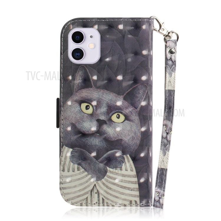 Light Spot Decor Stylish Printing Wallet Case Stand Leather Cover for iPhone 12 Pro/12 - Grey Cat-3