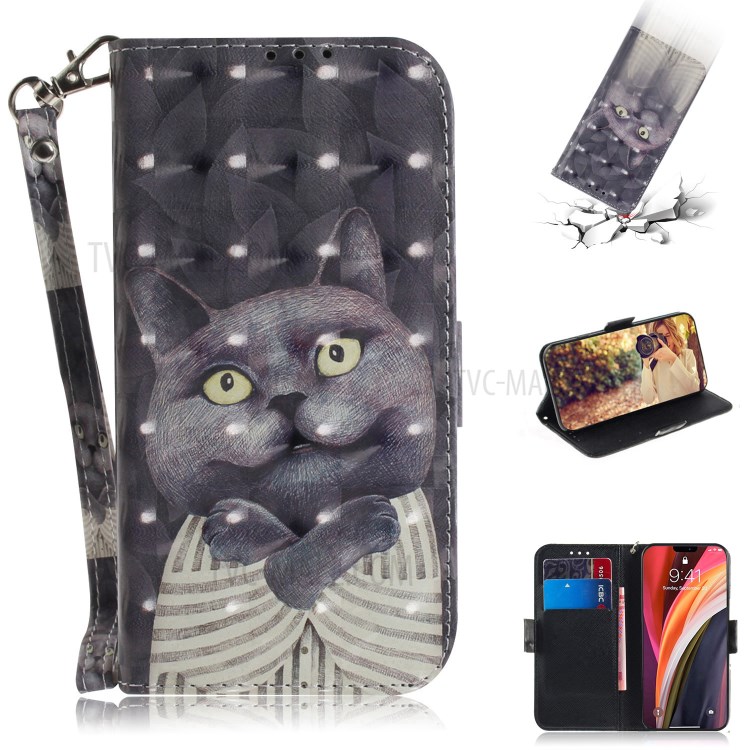 Light Spot Decor Pattern Printing Leather Shell for iPhone 12 Pro Max 6.7 inch - Grey Cat-1
