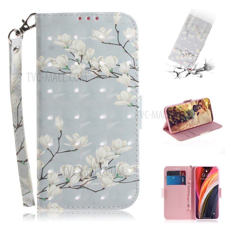 Light Spot Decor Pattern Printing Leather Shell for iPhone 12 Pro Max 6.7 inch - White Flowers-1