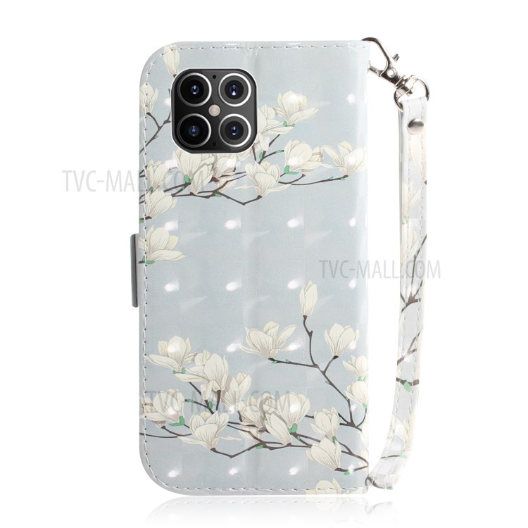 Light Spot Decor Pattern Printing Leather Shell for iPhone 12 Pro Max 6.7 inch - White Flowers-3