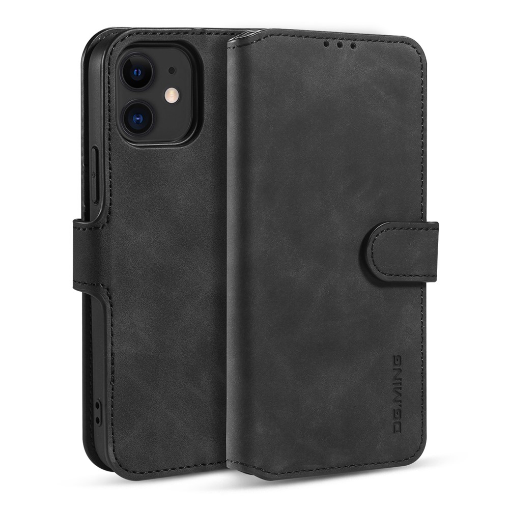 DG.MING Retro Style Leather Wallet Stand Case for iPhone 12 5.4 inch - Black-1