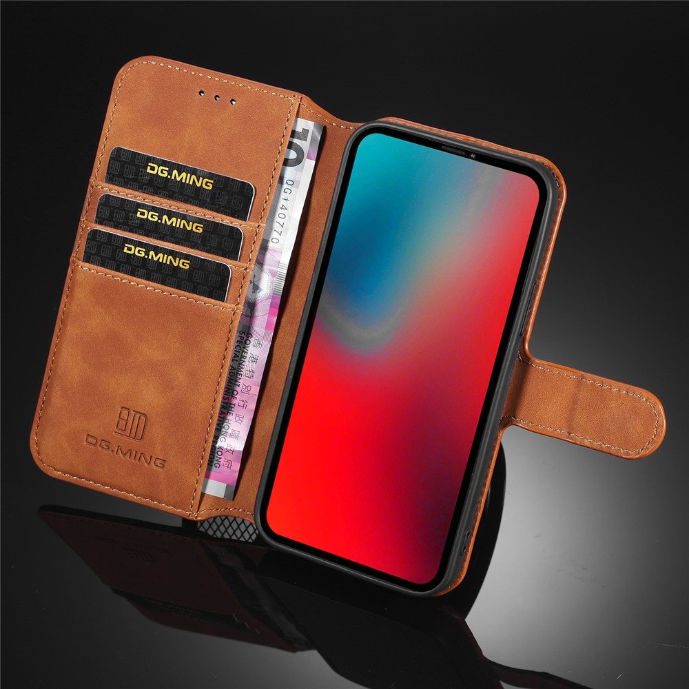 DG.MING Retro Style Leather Wallet Stand Case for iPhone 12 mini - Brown-10