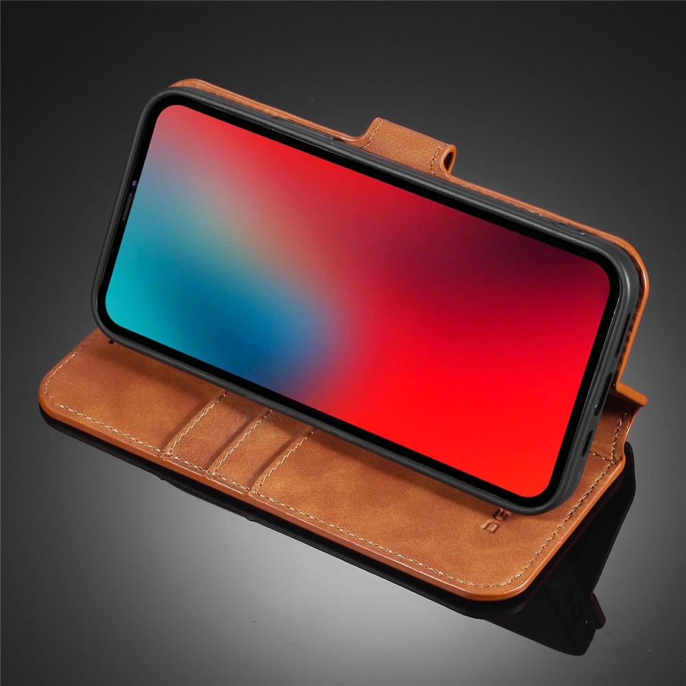 DG.MING Retro Style Leather Wallet Stand Case for iPhone 12 mini - Brown-11