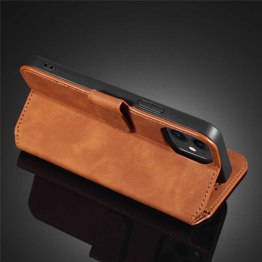 DG.MING Retro Style Leather Wallet Stand Case for iPhone 12 mini - Brown-12