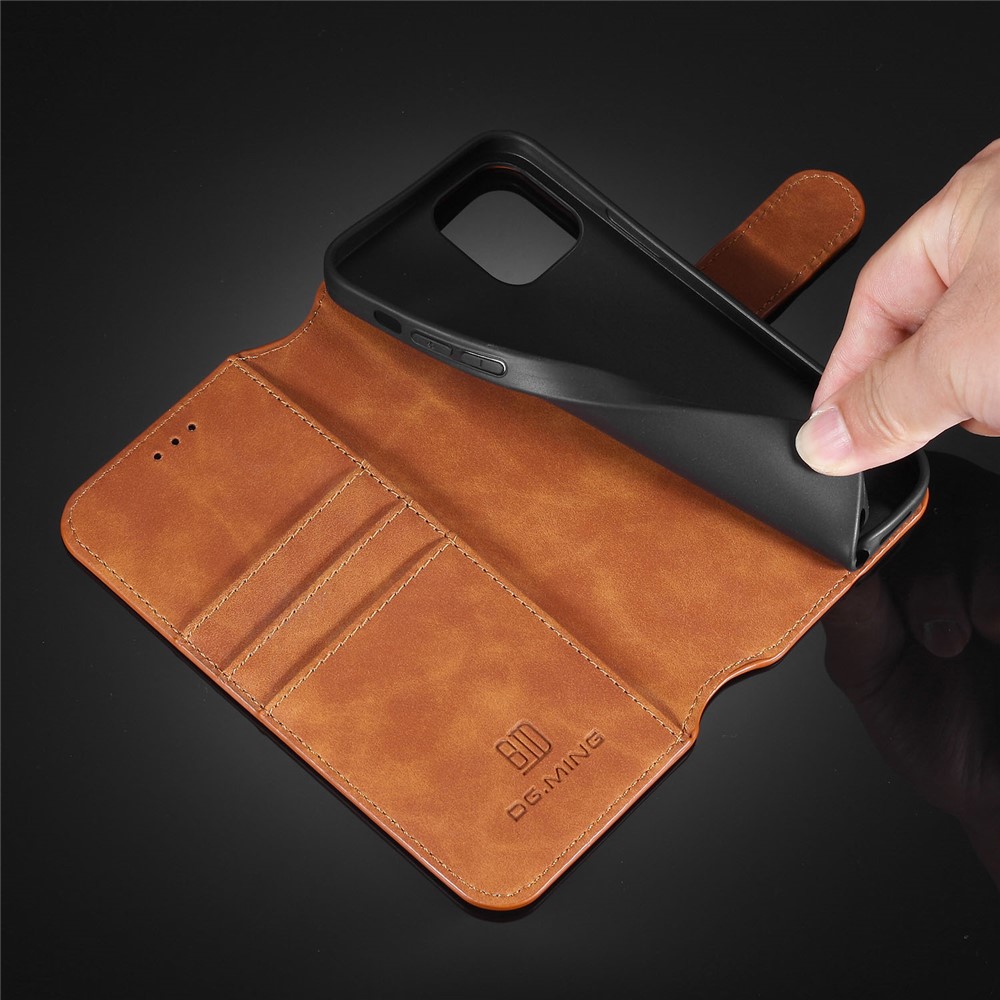 DG.MING Retro Style Leather Wallet Stand Case for iPhone 12 mini - Brown-13