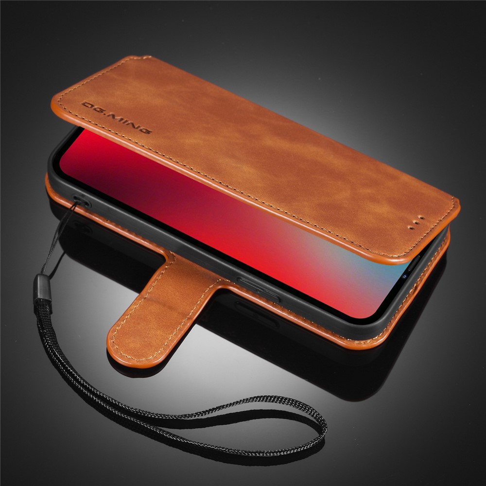 DG.MING Retro Style Leather Wallet Stand Case for iPhone 12 mini - Brown-14