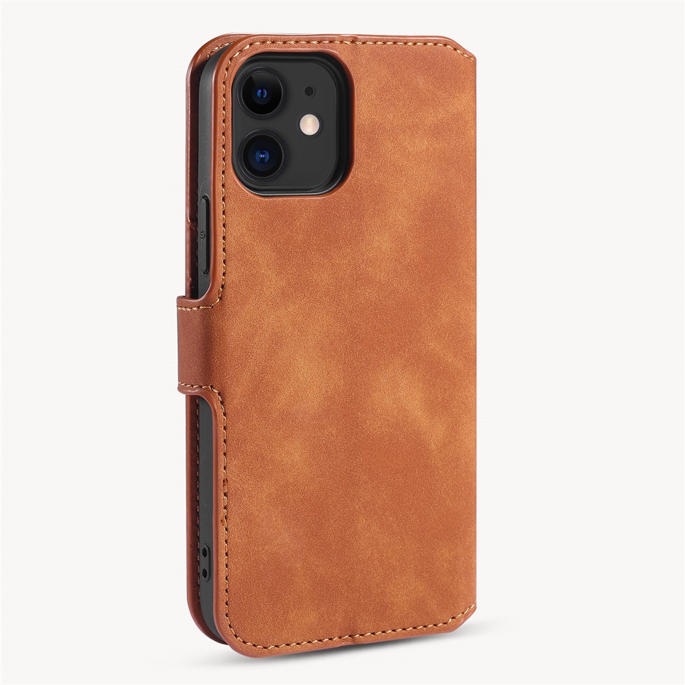DG.MING Retro Style Leather Wallet Stand Case for iPhone 12 mini - Brown-3
