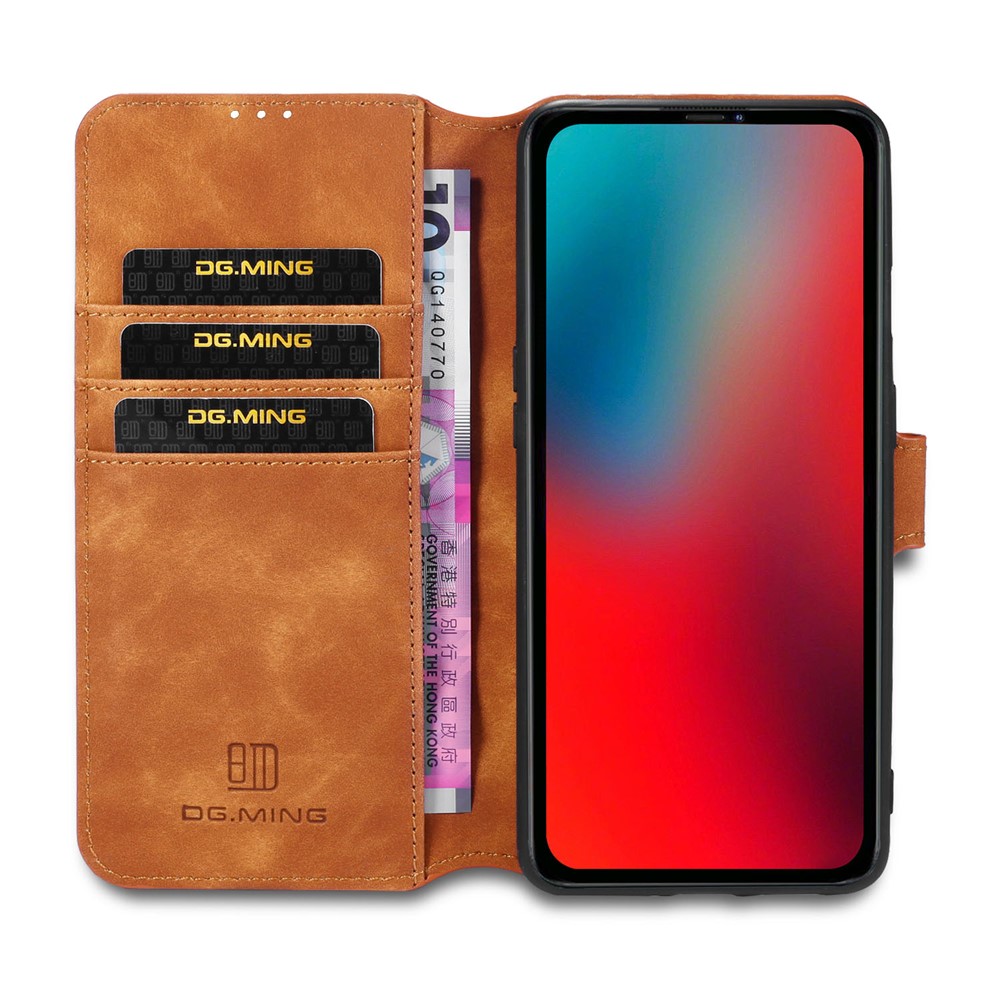 DG.MING Retro Style Leather Wallet Stand Case for iPhone 12 mini - Brown-4