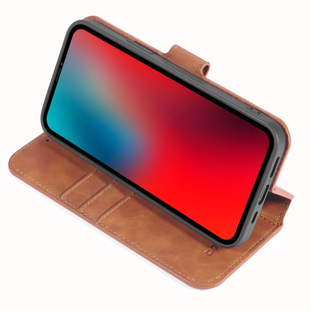 DG.MING Retro Style Leather Wallet Stand Case for iPhone 12 mini - Brown-5